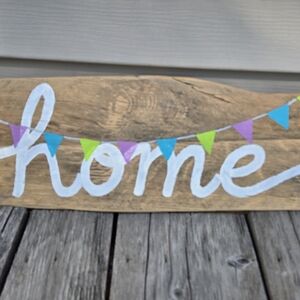 "Home" Wood Sign Handpainted Original Flag Garland